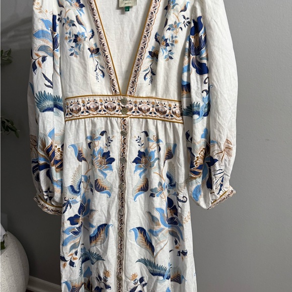 FARMRio Mystic Blue Lotus Placed Print Long Sleeve Linen Blend Maxi Dress - Picture 3 of 9